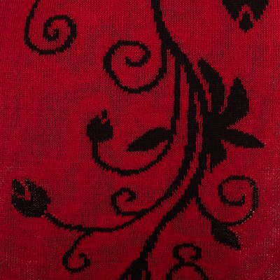 Reversible alpaca blend scarf, 'Crimson Vines' - Leafy Black and Red Reversible Alpaca Blend Scarf from Peru