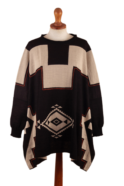 Black and Beige Alpaca Blend Poncho with Long Sleeves