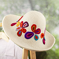 Embroidered wool felt hat, 'Floral Embellishment' - Cusco Ivory Wool Felt Hat with colourful Floral Embroidery