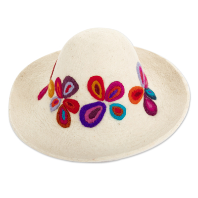 Cusco Ivory Wool Felt Hat with Colorful Floral Embroidery