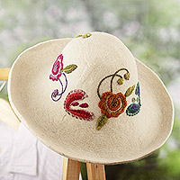 Embroidered wool felt hat, 'Decorations from Nature' - Ivory Wool Felt Hat with Floral Embroidery Handmade in Cusco