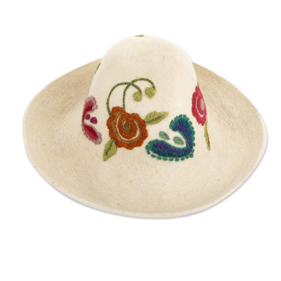 Ivory Wool Felt Hat with Floral Embroidery Handmade in Cusco