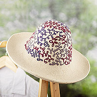Embroidered wool felt hat, 'Connected Paths' - Ivory Wool Felt Hat with Cotton Embroidery Handmade in Cusco