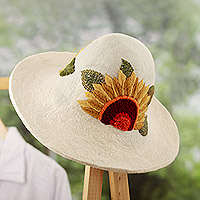 Embroidered wool felt hat, 'Floral Sunset' - Cusco Ivory Wool Felt Hat with Floral and Leaf Embroidery