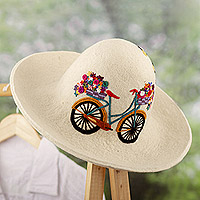 Embroidered wool felt hat, 'Stroll in The Valley' - Cusco Ivory Wool Felt Hat with Bicycle and Floral Embroidery