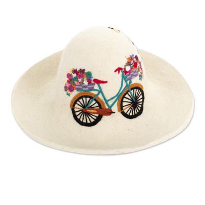 Cusco Ivory Wool Felt Hat with Bicycle and Floral Embroidery