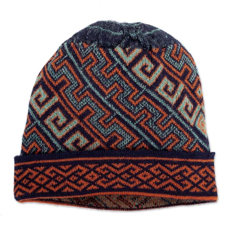 Unisex 100% Baby Alpaca Knit Hat in Aqua and Orange - Andean Style