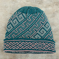 100% baby alpaca knit hat, 'Andean Inspiration' - Turquoise 100% Baby Alpaca Unisex Hat Knitted in Peru