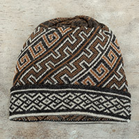 100% baby alpaca knit hat, 'Secret Paths' - Unisex 100% Baby Alpaca Knit Hat in Camel Grey and White