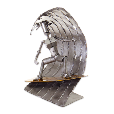 Recycled metal sculpture, 'King of the Waves' - Eco-Friendly Recycled Metal Sculpture of a Skilled Surfer
