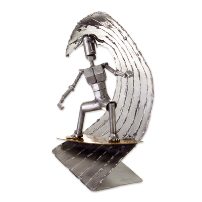Recycled metal sculpture, 'King of the Waves' - Eco-Friendly Recycled Metal Sculpture of a Skilled Surfer
