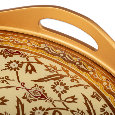 Reverse-painted glass tray, 'Golden Harvest' - Leafy and Floral Reverse-Painted Glass Tray from Peru