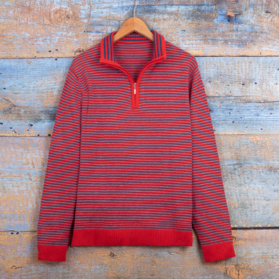 Mens collared pullover, Red Paths