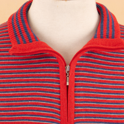 Men's collared pullover, 'Red Paths' - Men's Striped Collared Pullover Sweater in Red and Blue Hues