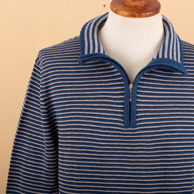 Men's collared pullover, 'Blue Paths' - Men's Striped Collared Pullover Sweater in Blue