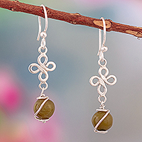 Serpentine dangle earrings, 'Morning Flower' - Sterling Silver Floral Dangle Earrings with Serpentine Stone