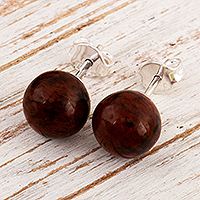 Obsidian stud earrings, 'Amazonian Soil' - Sterling Silver Stud Earrings with Obsidian Stone from Peru
