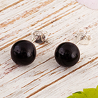 Obsidian stud earrings, 'Enigmatic' - Sterling Silver Stud Earrings with Black Obsidian from Peru