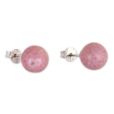 Rhodonite stud earrings, 'Loving' - Sterling Silver Stud Earrings with Rhodonite Stone from Peru