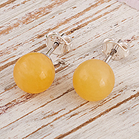 Calcite stud earrings, 'Sparkling Sun' - Sterling Silver Stud Earrings with Calcite Stone from Peru