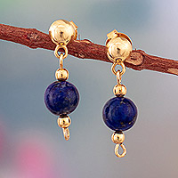 Gold-plated lapis lazuli dangle earrings, 'Deep Blue' - 18k Gold-Plated Dangle Earrings with Lapis Lazuli Stone