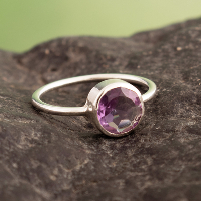 Amethyst single stone ring, 'Purple Enigma' - Polished Sterling Silver Single Stone Ring with Amethyst Gem