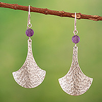 Amethyst dangle earrings, 'Mysterious Tumi' - Amethyst and 925 Silver Dangle Earrings with Hammered Finish