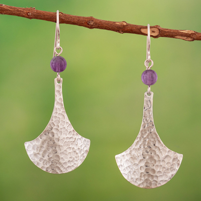 Amethyst dangle earrings, 'Mysterious Tumi' - Amethyst and 925 Silver Dangle Earrings with Hammered Finish