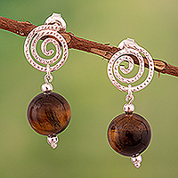 Tiger's eye dangle earrings, 'Earth Spiral' - Spiral-Themed Tiger's Eye & Sterling Silver Dangle Earrings