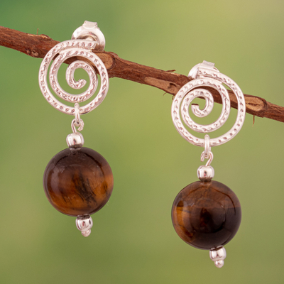 Spiral-Themed Tiger's Eye & Sterling Silver Dangle Earrings - Earth Spiral