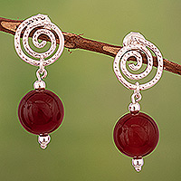 Carnelian dangle earrings, 'Fire Spiral' - Spiral-Themed Carnelian and Sterling Silver Dangle Earrings