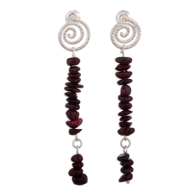 Garnet dangle earrings, 'Mysterious Spiral' - Silver Dangle Earrings with Garnet Stone and Spiral Motif