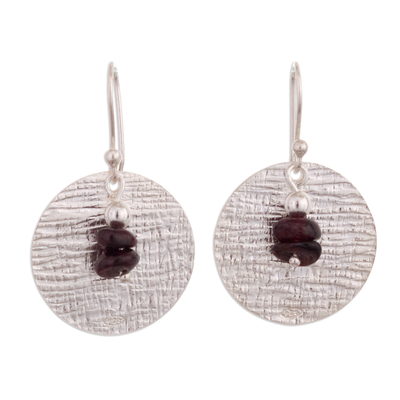 Garnet dangle earrings, 'Mountain Reflections' - Modern Sterling Silver Dangle Earrings with Garnet Stone