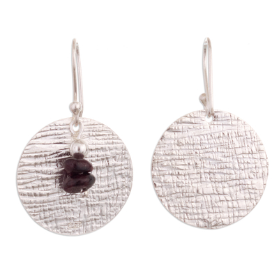 Garnet dangle earrings, 'Mountain Reflections' - Modern Sterling Silver Dangle Earrings with Garnet Stone