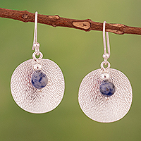 Sodalite dangle earrings, 'Charming Reflections' - Textured Sterling Silver Dangle Earrings with Sodalite Stone