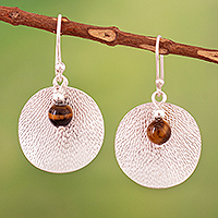 Tiger's eye dangle earrings, 'Earth Reflections' - Textured Sterling Silver and Tiger's Eye Dangle Earrings