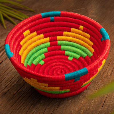 Natural fiber decorative bowl, 'Guacamayas Summer' - Red Natural Fiber Decorative Bowl with Geometric Motifs