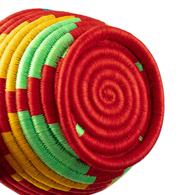 Natural fiber decorative bowl, 'Guacamayas Summer' - Red Natural Fiber Decorative Bowl with Geometric Motifs