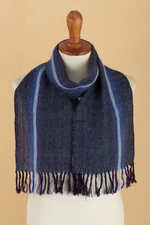 100% alpaca scarf, 'Seabed' - Blue and Ivory 100% Alpaca Striped Scarf Hand-Woven in Peru