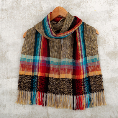 100% alpaca scarf, 'United Cultures' - Multicoloured Hand-Woven 100% Alpaca Check Scarf with Fringe