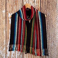 100% alpaca scarf, 'Family' - 100% Alpaca Fringed Scarf with Stripes Hand-Woven in Peru