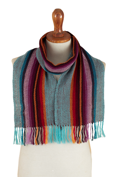 100% alpaca scarf, 'Dusk' - 100% Alpaca Striped Scarf with Fringe Hand-Woven in Peru