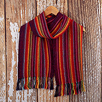 100% alpaca scarf, 'Cosmovision' - Colorful 100% Alpaca Scarf with Stripes Hand-Woven in Peru