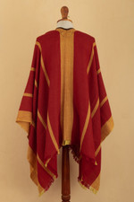 100% baby alpaca ruana, 'Red & Yellow' - Red & Yellow Striped Ruana Woven from 100% Baby Alpaca