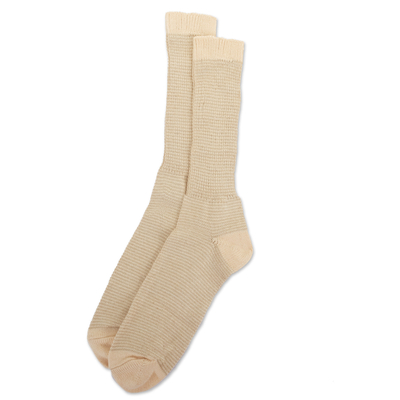 Cotton socks, 'Pakucho' - Unisex Beige and Green Cotton Socks Knitted in Peru