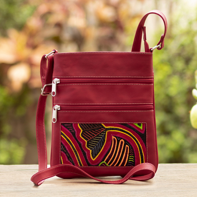 Embroidered leather sling, 'Red Jungle' - Red Leather Sling with Mola Textile and Adjustable Strap