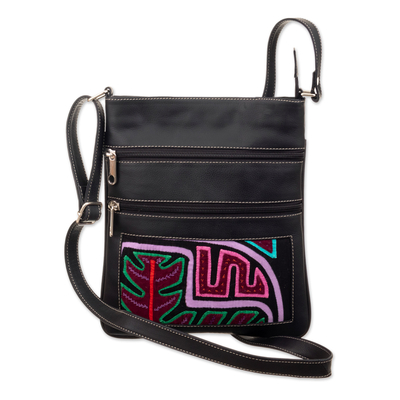 Black Leather Sling with Mola Textile and Adjustable Strap