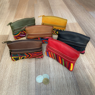 Embroidered leather coin purse, 'Jungle Wealth' - Handcrafted Assorted Mola-Themed Leather Coin Purse