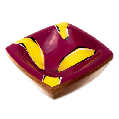 Wood catchall, 'Bananas under The Sun' - Cedar Wood Banana Catchall Hand-Painted in Colombia
