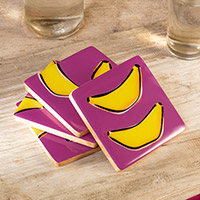 Wood coasters, 'Happy Bananas' (set of 4) - 4 Banana-Themed Wood Coasters Hand-Painted in Colombia